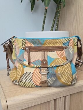 Vintage Fossil Multi-Color Leaf Print Crossbody Bag with Brown Leather Trim